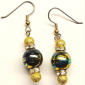Green, Blue and Gold Beaded Earrings